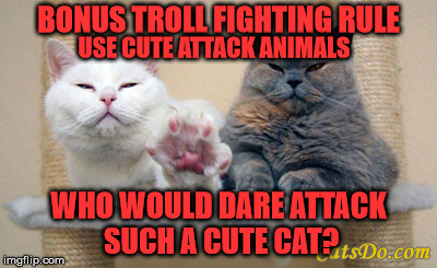 BONUS TROLL FIGHTING RULE; USE CUTE ATTACK ANIMALS; WHO WOULD DARE ATTACK SUCH A CUTE CAT? | image tagged in talk to the hand cat | made w/ Imgflip meme maker