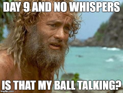 Cast away | DAY 9 AND NO WHISPERS; IS THAT MY BALL TALKING? | image tagged in cast away | made w/ Imgflip meme maker