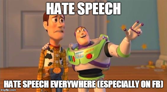 Hate Speech Everywhere | HATE SPEECH; HATE SPEECH EVERYWHERE (ESPECIALLY ON FB) | image tagged in buzz and woody,facebook,haters gonna hate,elections 2016,racism | made w/ Imgflip meme maker