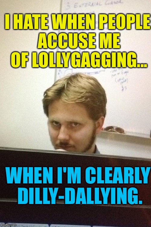 :) | I HATE WHEN PEOPLE ACCUSE ME OF LOLLYGAGGING... WHEN I'M CLEARLY DILLY-DALLYING. | image tagged in coworker,memes,lol,work | made w/ Imgflip meme maker