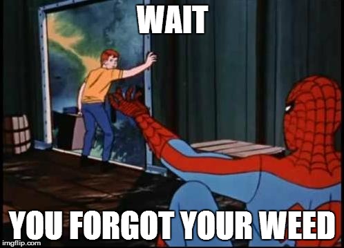 Spiderman Suicide Kid | WAIT; YOU FORGOT YOUR WEED | image tagged in spiderman suicide kid | made w/ Imgflip meme maker