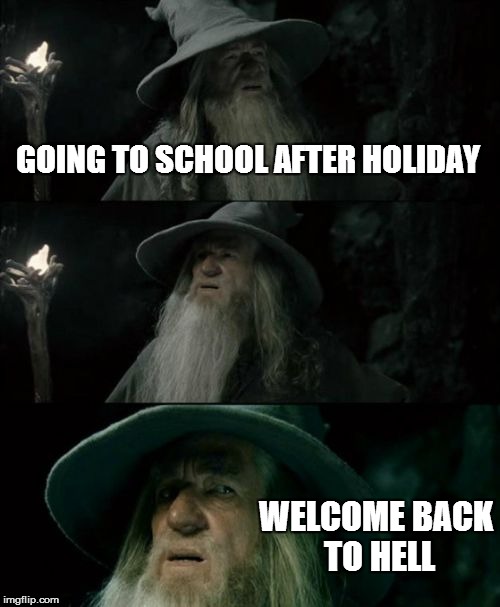 Confused Gandalf | GOING TO SCHOOL AFTER HOLIDAY; WELCOME BACK TO HELL | image tagged in memes,confused gandalf | made w/ Imgflip meme maker