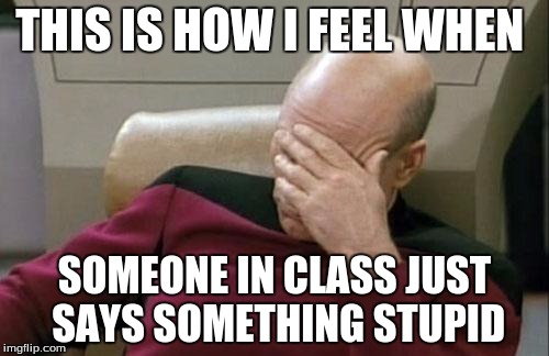 Captain Picard Facepalm Meme | THIS IS HOW I FEEL WHEN; SOMEONE IN CLASS JUST SAYS SOMETHING STUPID | image tagged in memes,captain picard facepalm | made w/ Imgflip meme maker