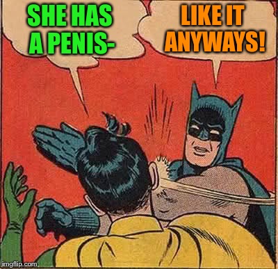 Batman Slapping Robin Meme | SHE HAS A P**IS- LIKE IT ANYWAYS! | image tagged in memes,batman slapping robin | made w/ Imgflip meme maker