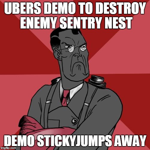TF2 Angry medic  | UBERS DEMO TO DESTROY ENEMY SENTRY NEST; DEMO STICKYJUMPS AWAY | image tagged in tf2 angry medic | made w/ Imgflip meme maker
