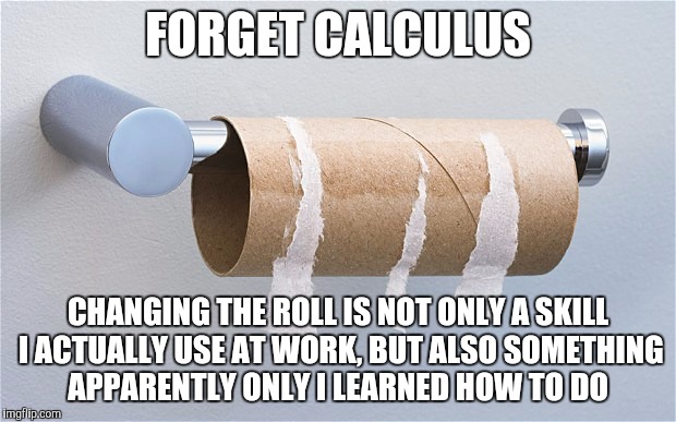 Seriously, what do you people do at home?  | FORGET CALCULUS; CHANGING THE ROLL IS NOT ONLY A SKILL I ACTUALLY USE AT WORK, BUT ALSO SOMETHING APPARENTLY ONLY I LEARNED HOW TO DO | image tagged in empty toilet paper roll | made w/ Imgflip meme maker