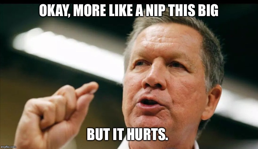 JOHN KASICH an interest | OKAY, MORE LIKE A NIP THIS BIG BUT IT HURTS. | image tagged in john kasich an interest | made w/ Imgflip meme maker