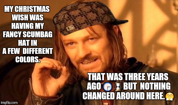 One Does Not Simply | MY CHRISTMAS WISH WAS HAVING MY FANCY SCUMBAG HAT IN A FEW  DIFFERENT COLORS. THAT WAS THREE YEARS AGO 🕞⌛BUT 
NOTHING CHANGED AROUND HERE.😤 | image tagged in memes,one does not simply,scumbag | made w/ Imgflip meme maker