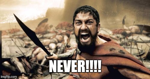 Sparta Leonidas Meme | NEVER!!!! | image tagged in memes,sparta leonidas | made w/ Imgflip meme maker