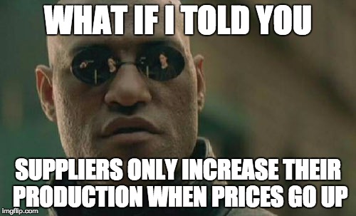 Matrix Morpheus Meme | WHAT IF I TOLD YOU; SUPPLIERS ONLY INCREASE THEIR PRODUCTION WHEN PRICES GO UP | image tagged in memes,matrix morpheus | made w/ Imgflip meme maker