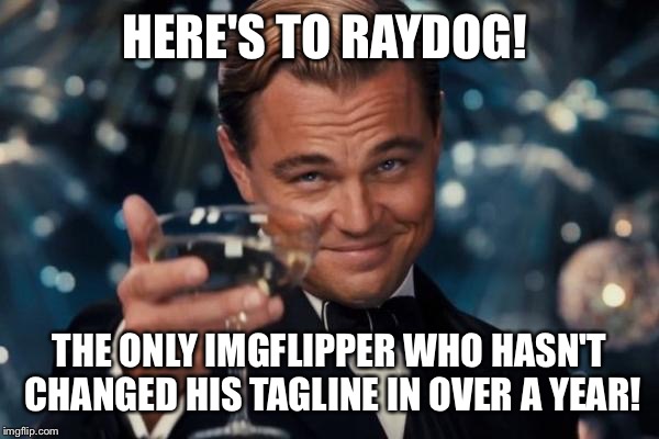 Seriously, I don't know how he never changes it! | HERE'S TO RAYDOG! THE ONLY IMGFLIPPER WHO HASN'T CHANGED HIS TAGLINE IN OVER A YEAR! | image tagged in memes,leonardo dicaprio cheers,raydog,tagline | made w/ Imgflip meme maker