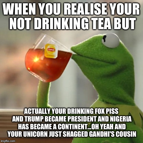 But That's None Of My Business Meme | WHEN YOU REALISE YOUR NOT DRINKING TEA BUT; ACTUALLY YOUR DRINKING FOX PISS AND TRUMP BECAME PRESIDENT AND NIGERIA HAS BECAME A CONTINENT...OH YEAH AND YOUR UNICORN JUST SHAGGED GANDHI'S COUSIN | image tagged in memes,but thats none of my business,kermit the frog | made w/ Imgflip meme maker