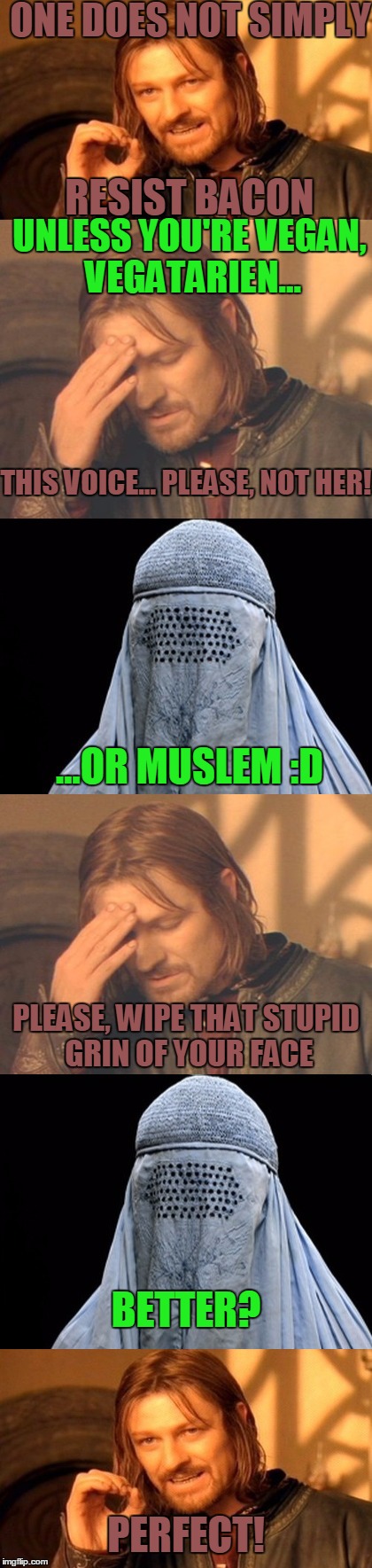ONE DOES NOT SIMPLY; RESIST BACON; UNLESS YOU'RE VEGAN, VEGATARIEN... THIS VOICE... PLEASE, NOT HER! ...OR MUSLEM :D; PLEASE, WIPE THAT STUPID GRIN OF YOUR FACE; BETTER? PERFECT! | image tagged in memes,one does not simply,frustrated boromir,bad pun burka,bacon,vegan | made w/ Imgflip meme maker