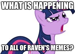 twilight confused | WHAT IS HAPPENING; TO ALL OF RAVEN'S MEMES? | image tagged in twilight confused | made w/ Imgflip meme maker