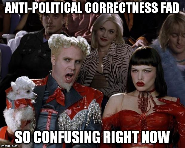 Mugatu So Hot Right Now | ANTI-POLITICAL CORRECTNESS FAD; SO CONFUSING RIGHT NOW | image tagged in memes,mugatu so hot right now | made w/ Imgflip meme maker