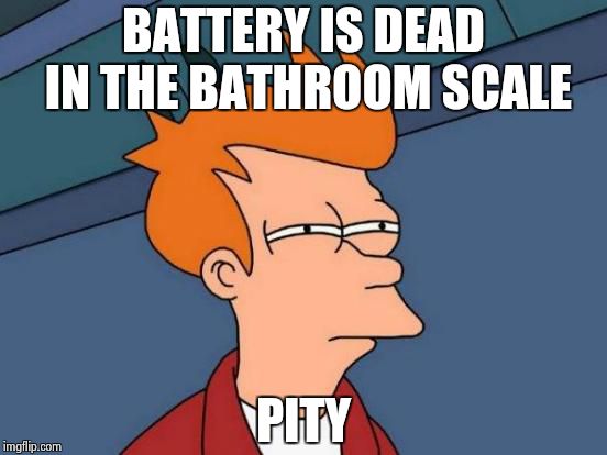 Futurama Fry | BATTERY IS DEAD IN THE BATHROOM SCALE; PITY | image tagged in memes,futurama fry | made w/ Imgflip meme maker