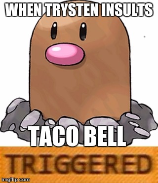 triggered diglett | WHEN TRYSTEN INSULTS; TACO BELL | image tagged in triggered diglett | made w/ Imgflip meme maker