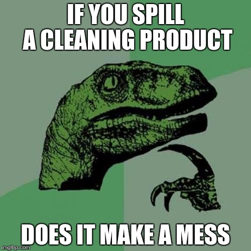 Philosoraptor Meme | IF YOU SPILL A CLEANING PRODUCT; DOES IT MAKE A MESS | image tagged in memes,philosoraptor | made w/ Imgflip meme maker