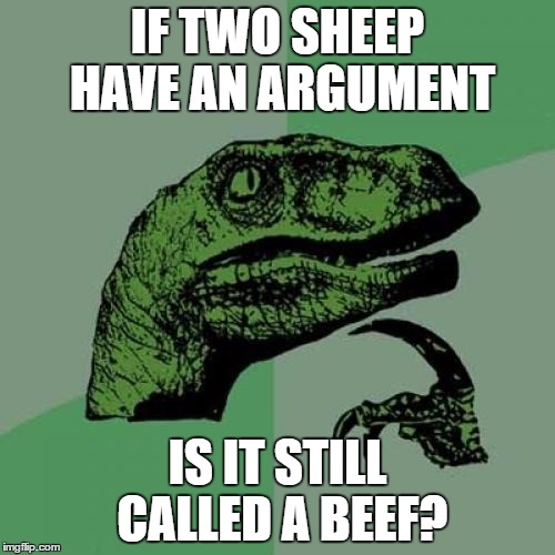 Or pigs or chickens... | IF TWO SHEEP HAVE AN ARGUMENT; IS IT STILL CALLED A BEEF? | image tagged in memes,philosoraptor,sheep,beef | made w/ Imgflip meme maker