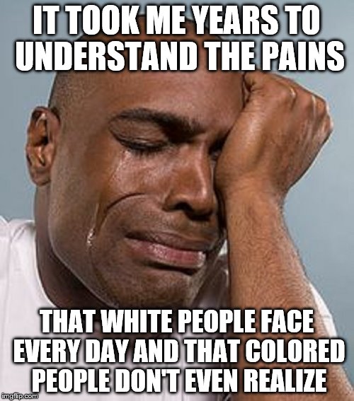 IT TOOK ME YEARS TO UNDERSTAND THE PAINS THAT WHITE PEOPLE FACE EVERY DAY AND THAT COLORED PEOPLE DON'T EVEN REALIZE | image tagged in crying black man | made w/ Imgflip meme maker