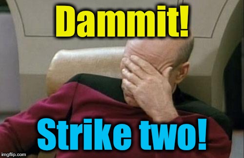 Captain Picard Facepalm Meme | Dammit! Strike two! | image tagged in memes,captain picard facepalm | made w/ Imgflip meme maker