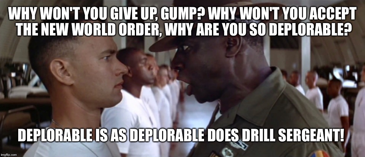 Gump for Trump | WHY WON'T YOU GIVE UP, GUMP? WHY WON'T YOU ACCEPT THE NEW WORLD ORDER, WHY ARE YOU SO DEPLORABLE? DEPLORABLE IS AS DEPLORABLE DOES DRILL SERGEANT! | image tagged in gump for trump,hillary,trump,election 2016,basket of deplorables | made w/ Imgflip meme maker