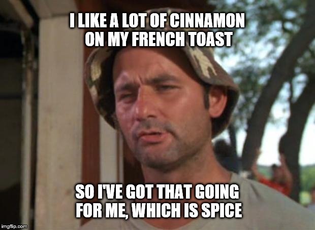 So I Got That Goin For Me Which Is Nice | I LIKE A LOT OF CINNAMON ON MY FRENCH TOAST; SO I'VE GOT THAT GOING FOR ME, WHICH IS SPICE | image tagged in memes,so i got that goin for me which is nice | made w/ Imgflip meme maker