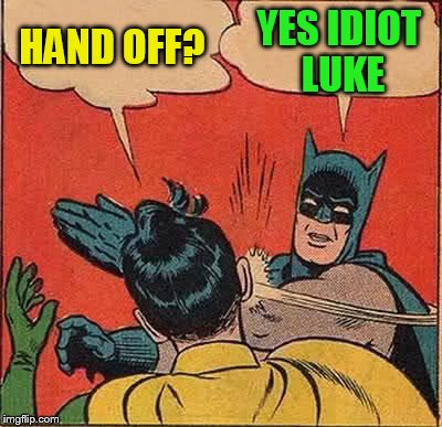Batman Slapping Robin Meme | HAND OFF? YES IDIOT LUKE | image tagged in memes,batman slapping robin | made w/ Imgflip meme maker