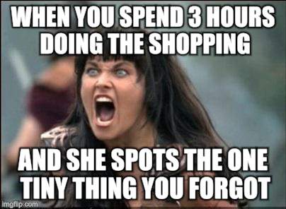 Bitches | WHEN YOU SPEND 3 HOURS DOING THE SHOPPING; AND SHE SPOTS THE ONE TINY THING YOU FORGOT | image tagged in angry xena,women,wife,shopping | made w/ Imgflip meme maker