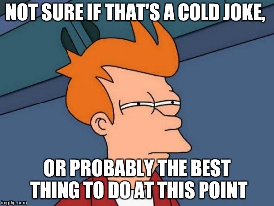 Futurama Fry | NOT SURE IF THAT'S A COLD JOKE, OR PROBABLY THE BEST THING TO DO AT THIS POINT | image tagged in memes,futurama fry | made w/ Imgflip meme maker