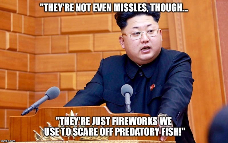 Kim Jong's attempts to ease the tension. | "THEY'RE NOT EVEN MISSLES, THOUGH... "THEY'RE JUST FIREWORKS WE USE TO SCARE OFF PREDATORY FISH!" | image tagged in kim jong un,north korea,missile | made w/ Imgflip meme maker