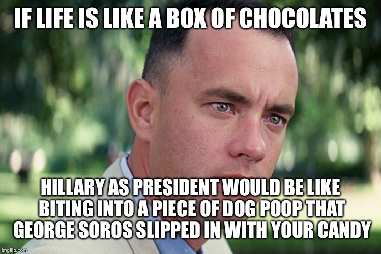 Gump ponders a Hillary administration | IF LIFE IS LIKE A BOX OF CHOCOLATES; HILLARY AS PRESIDENT WOULD BE LIKE BITING INTO A PIECE OF DOG POOP THAT GEORGE SOROS SLIPPED IN WITH YOUR CANDY | image tagged in gump ponders hrc,hillary clinton,trump,election 2016,basket of deplorables,forest gump | made w/ Imgflip meme maker