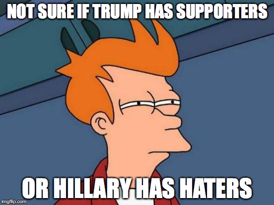 Everybody sure is riled up about something, though. | NOT SURE IF TRUMP HAS SUPPORTERS; OR HILLARY HAS HATERS | image tagged in memes,futurama fry,trump,hillary,election 2016 | made w/ Imgflip meme maker