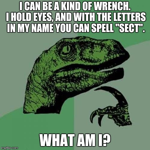 Philosoraptor Meme | I CAN BE A KIND OF WRENCH. I HOLD EYES, AND WITH THE LETTERS IN MY NAME YOU CAN SPELL "SECT". WHAT AM I? | image tagged in memes,philosoraptor | made w/ Imgflip meme maker