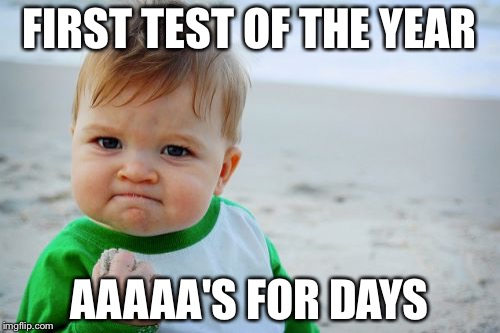 Success Kid Original | FIRST TEST OF THE YEAR; AAAAA'S FOR DAYS | image tagged in memes,success kid original | made w/ Imgflip meme maker