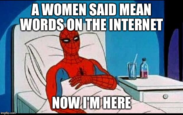 Spider-Man  | A WOMEN SAID MEAN WORDS ON THE INTERNET; NOW I'M HERE | image tagged in spider-man | made w/ Imgflip meme maker
