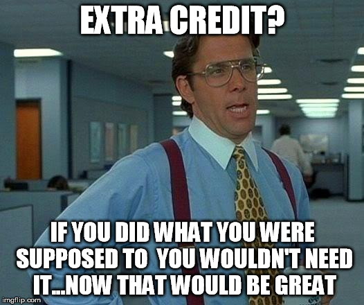 Uhh Yeahhh. | EXTRA CREDIT? IF YOU DID WHAT YOU WERE SUPPOSED TO  YOU WOULDN'T NEED IT...NOW THAT WOULD BE GREAT | image tagged in memes,that would be great | made w/ Imgflip meme maker