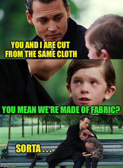 YOU AND I ARE CUT FROM THE SAME CLOTH SORTA . . . YOU MEAN WE'RE MADE OF FABRIC? | made w/ Imgflip meme maker