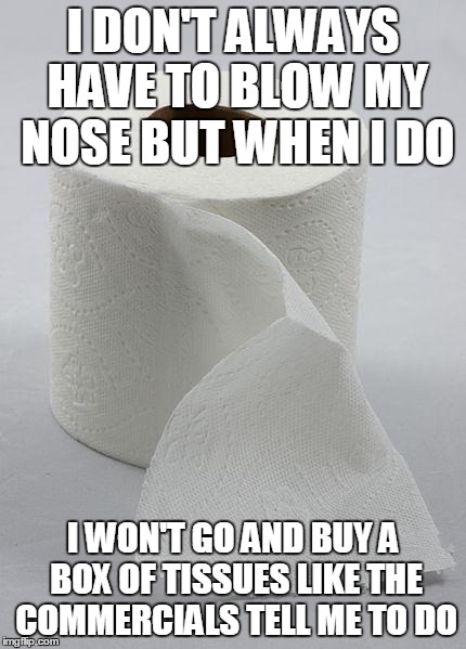 toilet paper | I DON'T ALWAYS HAVE TO BLOW MY NOSE BUT WHEN I DO; I WON'T GO AND BUY A BOX OF TISSUES LIKE THE COMMERCIALS TELL ME TO DO | image tagged in toilet paper | made w/ Imgflip meme maker