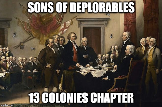 Sons of Deplorables | SONS OF DEPLORABLES; 13 COLONIES CHAPTER | image tagged in deplorable,trump,trump 2016 | made w/ Imgflip meme maker