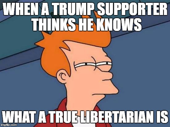 Futurama Fry | WHEN A TRUMP SUPPORTER THINKS HE KNOWS; WHAT A TRUE LIBERTARIAN IS | image tagged in memes,futurama fry,trump,republicans,gary johnson | made w/ Imgflip meme maker