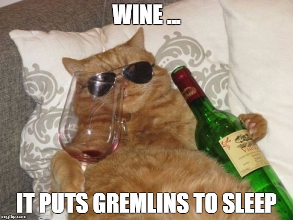 Wine Cat Birthday | WINE ... IT PUTS GREMLINS TO SLEEP | image tagged in wine cat birthday | made w/ Imgflip meme maker