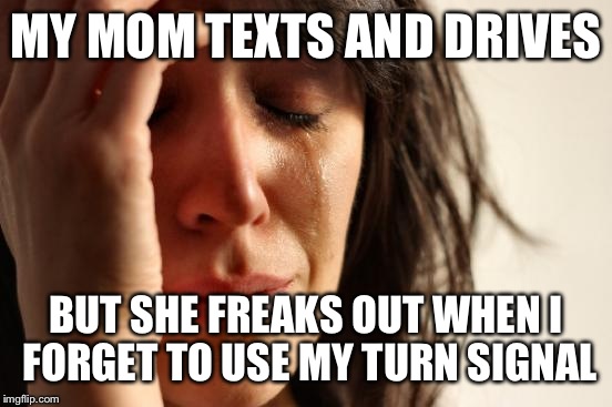 First World Problems | MY MOM TEXTS AND DRIVES; BUT SHE FREAKS OUT WHEN I FORGET TO USE MY TURN SIGNAL | image tagged in memes,first world problems | made w/ Imgflip meme maker