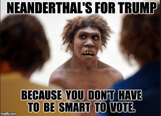 Neanderthal's for Trump | NEANDERTHAL'S FOR TRUMP; BECAUSE  YOU  DON'T  HAVE TO  BE  SMART  TO  VOTE. | image tagged in never trump | made w/ Imgflip meme maker