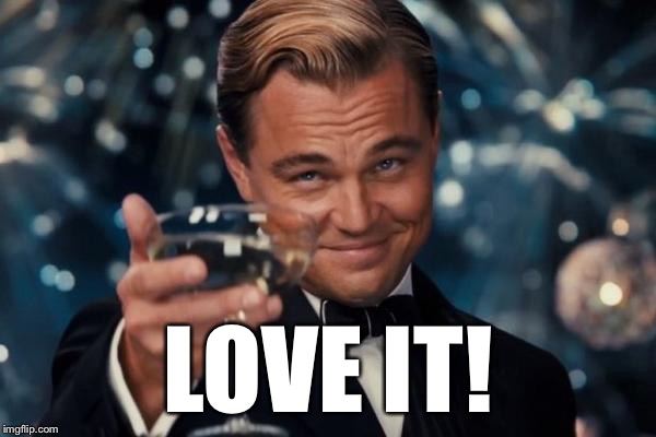 Leonardo Dicaprio Cheers Meme | LOVE IT! | image tagged in memes,leonardo dicaprio cheers | made w/ Imgflip meme maker