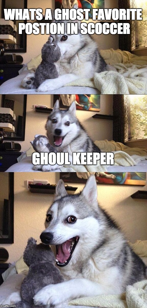 Bad Pun Dog | WHATS A GHOST FAVORITE POSTION IN SCOCCER; GHOUL KEEPER | image tagged in memes,bad pun dog | made w/ Imgflip meme maker