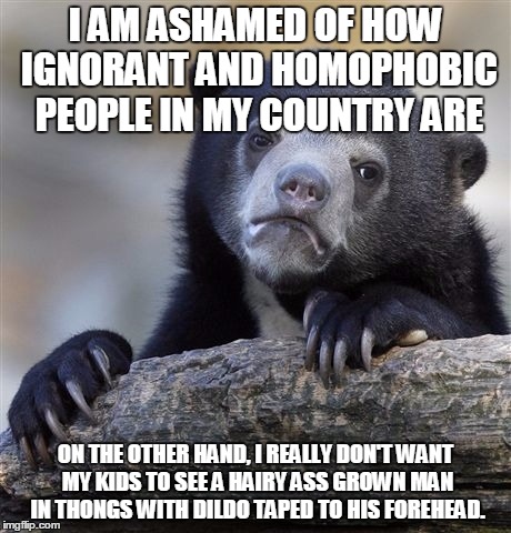 Confession Bear Meme | I AM ASHAMED OF HOW IGNORANT AND HOMOPHOBIC PEOPLE IN MY COUNTRY ARE; ON THE OTHER HAND, I REALLY DON'T WANT MY KIDS TO SEE A HAIRY ASS GROWN MAN IN THONGS WITH DILDO TAPED TO HIS FOREHEAD. | image tagged in memes,confession bear | made w/ Imgflip meme maker