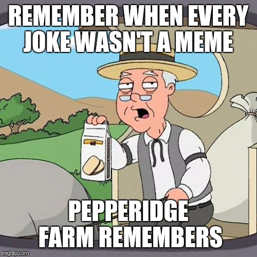 Pepperidge Farm Remembers Meme | REMEMBER WHEN EVERY JOKE WASN'T A MEME; PEPPERIDGE FARM REMEMBERS | image tagged in memes,pepperidge farm remembers | made w/ Imgflip meme maker