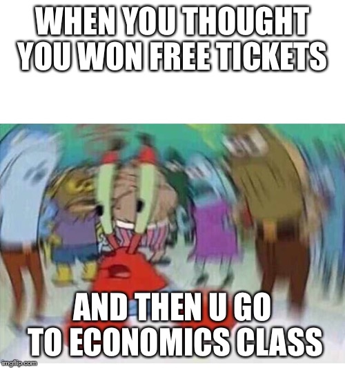Mr Crabs | WHEN YOU THOUGHT YOU WON FREE TICKETS; AND THEN U GO TO ECONOMICS CLASS | image tagged in mr crabs | made w/ Imgflip meme maker