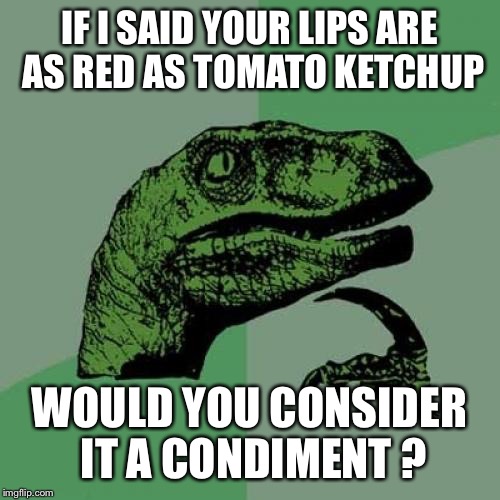 How to win French Fries and influence Pepper |  IF I SAID YOUR LIPS ARE AS RED AS TOMATO KETCHUP; WOULD YOU CONSIDER IT A CONDIMENT ? | image tagged in memes,philosoraptor,relationships,dating,fast food | made w/ Imgflip meme maker